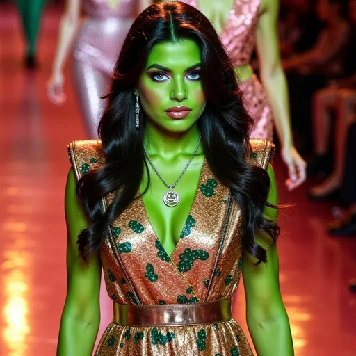 Prompt: (Elphaba wearing moschino), striking pose, vibrant green skin, dark flowing hair, poised facial expression, luxurious Gucci outfit, fashion-forward accessories, playful yet sophisticated, (bold patterns), stylish handbag, adventurous demeanor, brightly lit runway background, high fashion atmosphere, runway models in soft focus, ultra-detailed, (fashion illustration).