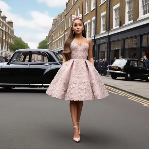 Prompt: Hyper Realistic and very detailed  Ariana Grande wearing a hyper realistic and very detailed Valentino 50s look with a very detailed Valentino dress and very detailed Valentino shoes in the centre of a very accurate 50s London 64k Hd, very accurate 3D 
