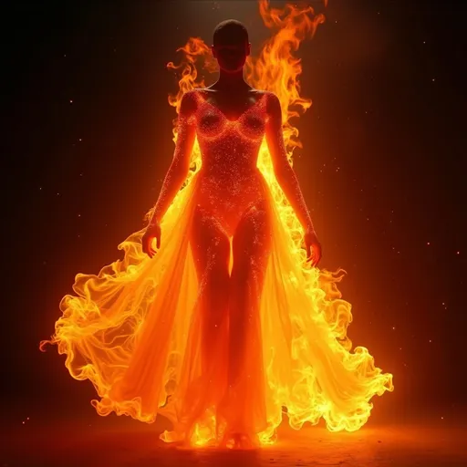 Prompt: Versace Dress made of fire, vibrant fiery colors swirling and flickering, intense glow illuminating surroundings, an ethereal blend of reds, oranges, and yellows, dynamic movement suggesting the flames are alive, contrasting background of dark shadows, creating a dramatic and captivating atmosphere, HD, ultra-detailed, evoking feelings of passion and strength.