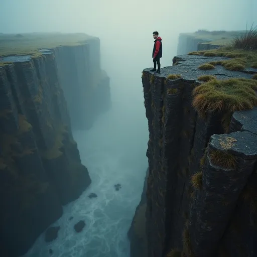 Prompt: fear of falling, a person standing on the edge of a steep cliff, a look of panic on their face, vibrant and dramatic colors, deep shadows accentuating the height, swirling winds creating tension, a vast chasm below, moody and intense atmosphere, cinematic depth of field, ultra-detailed, high-quality imagery, evoking emotion and a sense of vertigo.