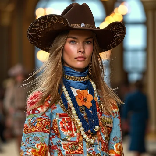 Prompt: Chanel cowgirl look, (fashionable) denim western outfit, (luxurious) leather accessories, wide-brimmed hat, (elegant) floral patterns, (vibrant) color contrast, (stylish) boots, luxurious textures, (high fashion) runway vibe, (chic) urban setting, dramatic lighting, (high-quality) ultra-detailed.