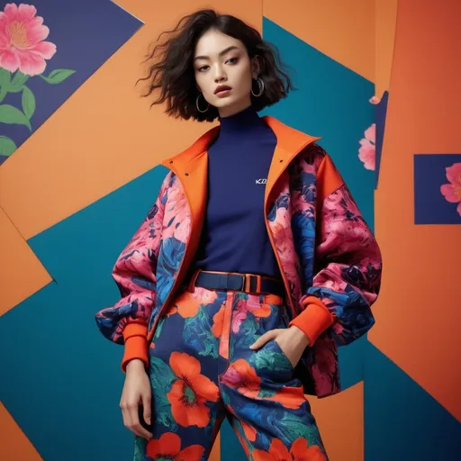 Prompt: Kenzo look, (vibrant colors), fashion-forward outfit, (dynamic patterns), bold floral designs, contemporary streetwear, model posing confidently, (energetic vibe), high-contrast lighting, urban background with a textured wall, stylish accessories, (ultra-detailed), impeccable silhouette, emphasizing modern aesthetics, (eye-catching visuals)