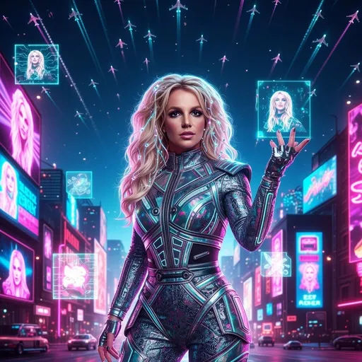Prompt: Visualize Cyber Britney Spears standing confidently against a backdrop of a neon-lit futuristic city. Her outfit shimmers with metallic textures and vibrant holographic accents, reflecting the pulsating activity of digital billboards around her. The skies are a deep, electric blue, illuminated by the glow of countless aircraft zipping through the air, leaving trails of light. Britney’s hair flows in sleek, shiny curls, enhanced with glowing circuits threaded throughout. She poses dynamically, one hand extended as if controlling the flow of technology around her, her expression a mix of empowerment and allure. The atmosphere is charged with energy, filled with holographic projections of iconic visual elements from her career, creating a fusion of pop culture and technology. This scene embodies a dark sci-fi aesthetic with cinematic lighting that highlights both the surreal and vibrant aspects of her cybernetic persona.