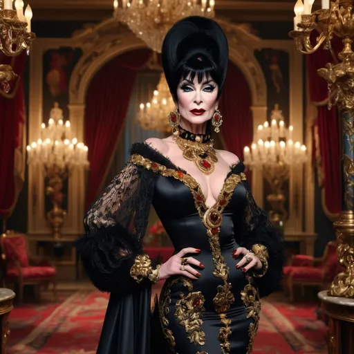 Prompt: Elvira in a (stunning) Dolce&Gabbana outfit, dramatic fashion statement, rich textures and vibrant colors, intricate details and embellishments, bold accessories, poised and confident stance, (high fashion) atmosphere, luxurious setting, sophisticated elegance, cinematic lighting, captivating background, (ultra-detailed), 4K resolution, (masterpiece).