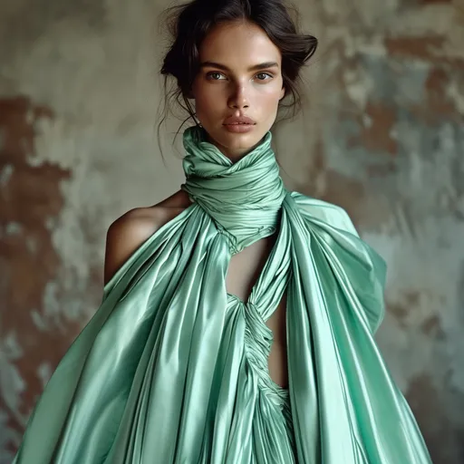 Prompt: Valentino mint leather and silk dress, (high-end fashion), luxurious textures, elegant design, flowing silhouette, vibrant mint color palette, soft silk draping, chic accessories, stylish ensemble, modern aesthetics, sophisticated luxury, 4K detail, captivating atmosphere, inviting elegance, polished presentation, sumptuous fabrics, striking appearance.