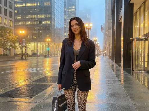 Prompt: Envision a glamorous Dua Lipa showcasing a stunning Calzedonia outfit against a backdrop of a modern urban landscape at twilight. The scene is illuminated by soft, golden streetlights that cast a warm glow over the sleek buildings, while a light drizzle adds a glossy sheen to the pavement. Dua stands confidently, her pose exuding both elegance and strength, a hint of a playful smile on her lips as her hair cascades in waves down her shoulders. The fashion reflects Calzedonia's chic aesthetic, with striking patterns that draw the eye. The atmosphere feels electric, capturing the vibrant energy of city life, all rendered in a striking photorealistic style that highlights intricate details and textures.