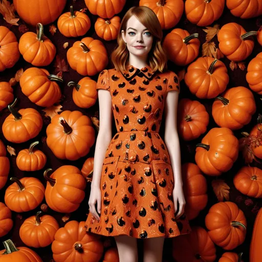 Prompt: (Emma Stone), wearing a striking Miu Miu Halloween pumpkin-inspired dress, vibrant orange with intricate pumpkin patterns, showcasing bold textures, luxurious fabric, whimsical style, complemented by matching accessories, soft ambient lighting, setting the mood for a festive atmosphere, autumn background with falling leaves, ultra-detailed, HD, elegant and playful composition.