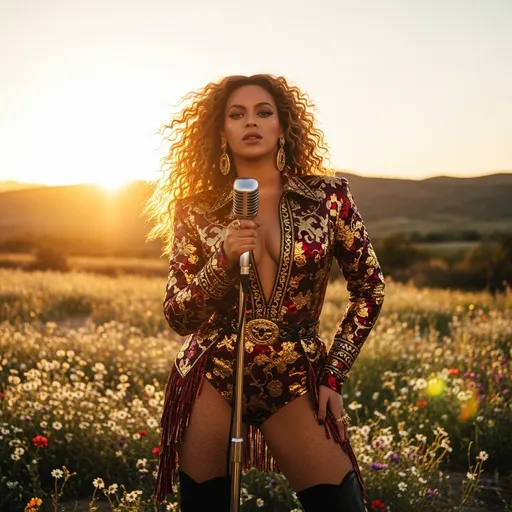 Prompt: Envision a striking scene where Beyoncé exudes confidence as she stands against a sun-drenched, rustic landscape. She's adorned in an eye-catching cowgirl bodysuit inspired by Dolce & Gabbana, a vibrant mix of deep reds and golds that shimmer in the golden hour light. Around her, wildflowers sway gently in a warm breeze, while a setting sun casts a magical glow, emphasizing her fierce expression and commanding pose. Her hair flows freely, glinting like spun gold as she holds a vintage microphone, capturing the spirit of a grand musical performance. This enchanting moment radiates a vivid, cinematic quality, reminiscent of a high-fashion editorial shoot.