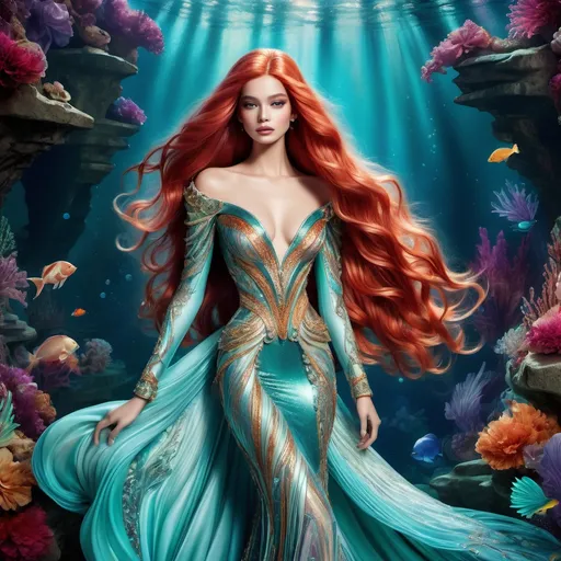 Prompt: (Ariel wearing Balmain), stunning fashion ensemble, (vibrant colors), emphasizing the glamorous fusion of fantasy and haute couture, graceful pose, flowing hair, intricate textile details, luxurious fabrics, (high-quality illustration), beautifully stylized background, enchanting underwater atmosphere, shimmering light effects, magical vibe, showcasing elegance and boldness intertwined, perfect blend of whimsical and fashionable aesthetics.