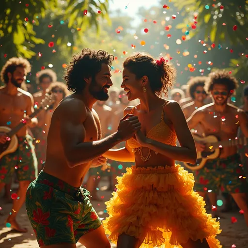 Prompt: (Sesso e samba), a vibrant and energetic scene, couple dancing passionately in a festive atmosphere, tropical colors, warm tones, dynamic movements, musicians playing lively samba tunes, confetti flying, richly detailed background with lush vegetation and colorful decorations, celebratory ambiance, high depth cinematography, ultra-detailed, capturing the essence of Brazilian culture and celebration.