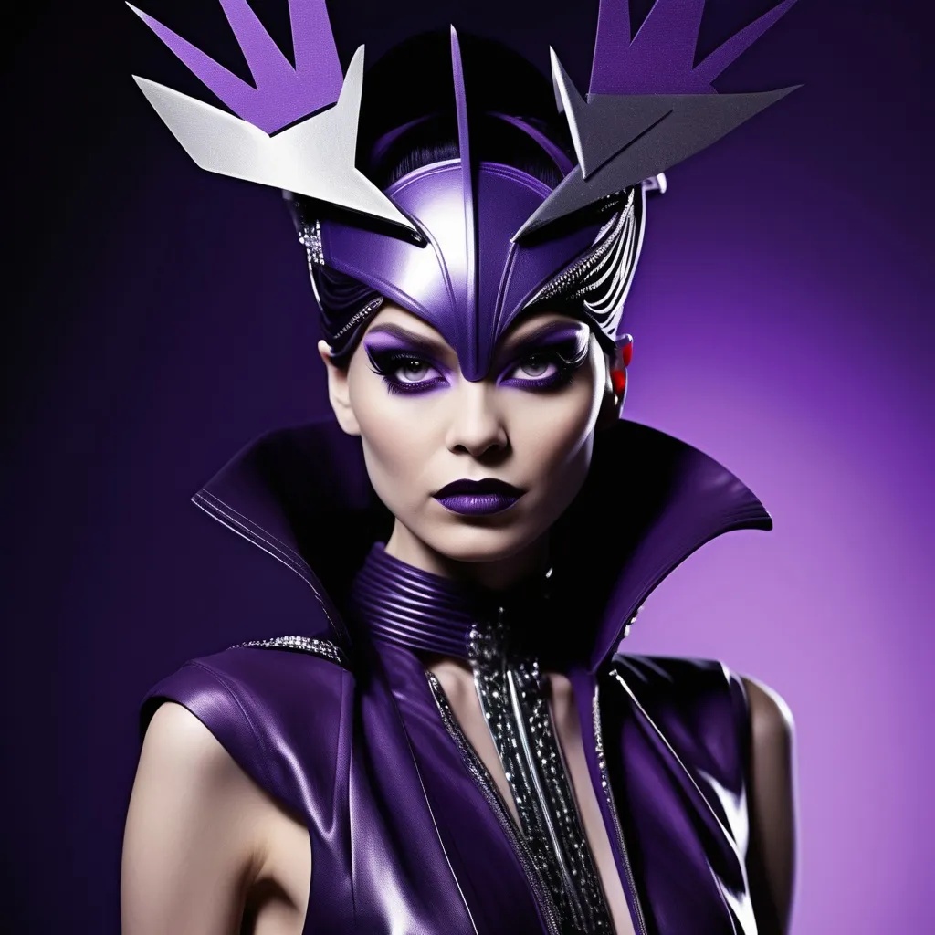 Prompt: (Yzma reimagined), stylish avant-garde design, (futuristic) fashion-forward outfit, bold and innovative textures, edgy accessories, deep purple and metallic silver color palette, (dramatic lighting), dynamic composition, capturing a sense of power and elegance, high fashion setting, ultra-detailed, visually striking, inspirations from both Yzma's character and Diesel's concepts.