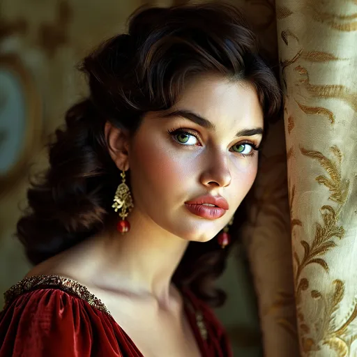 Prompt: (Young Sofia Loren), captivating glamour portrait, dramatic lighting, vintage style, high contrast, cinematic, soft focus, alluring expression, elegant attire, graceful pose, rich warm tones, luxurious deep reds, and subtle browns, beautifully styled hair, surrounded by classic film elements, retro atmosphere, ultra-detailed, 4K quality capture.