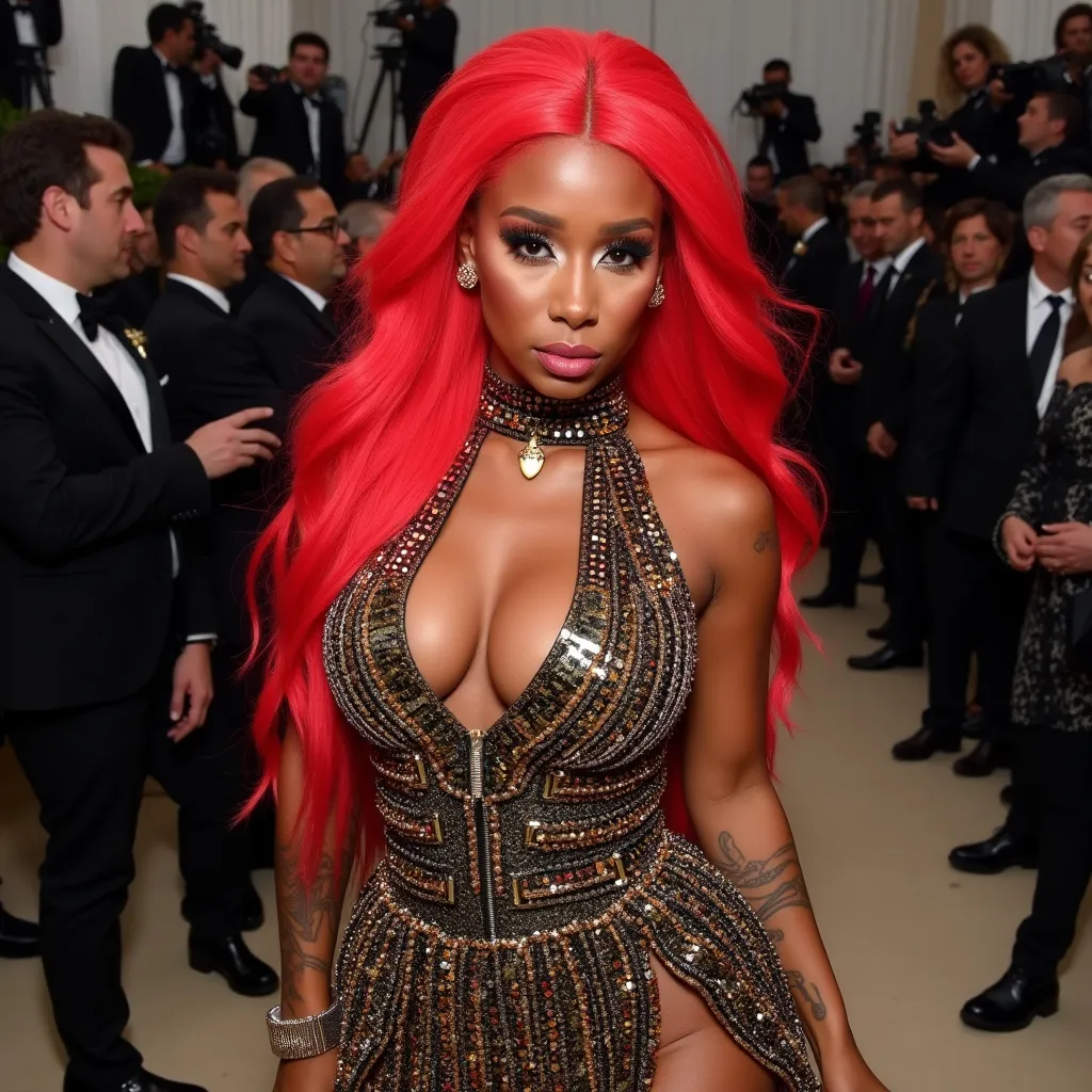 Prompt: Nicki Minaj wearing Balmain glam rock dress