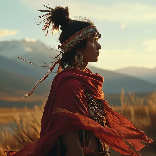 Prompt: (Apache), majestic, wind-swept mountains in the background, rich earth tones, warm sunset hues, reflective planning amidst cultural significance, powerful silhouette, element of nature and history intertwined, intricate details in attire, authentic lifestyle, evoking deep respect and admiration, (ultra-detailed), (4K), (cinematic ambiance).