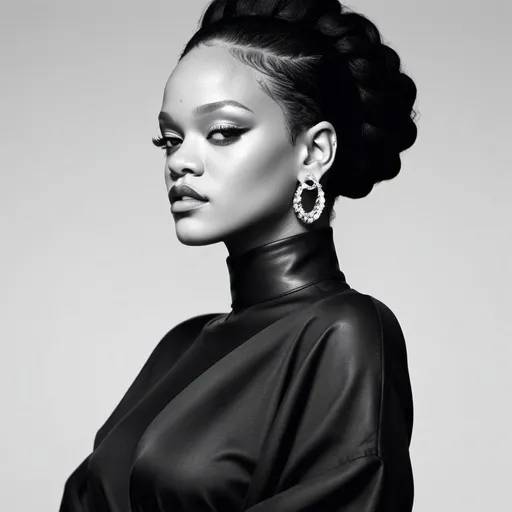 Prompt: Fashion photography Rihanna in classic black and white style, crisp details, very high contrast, elegant avantgarde poses, vintage aesthetic, herb ritts, studio setting, minimalistic composition, high quality, classic, black and white, elegant poses, crisp details, high contrast, studio setting, minimalistic composition, white background
