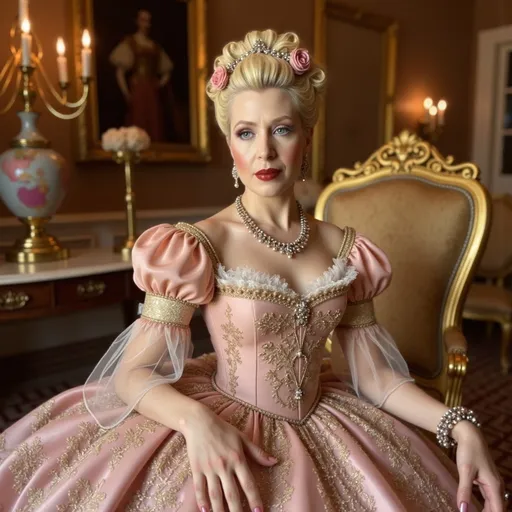 Prompt: Marie Antoinette, (opulent) 18th-century French fashion, lavish pastel colors, intricate lace detailing, (extravagant) ornate furniture, (soft) candlelight ambiance, luxurious palace backdrop, (historical) regal elegance, dramatic regal expression, (detailed clothing) elaborate gown with accessories, ultra-detailed, high quality, 4K resolution, cinematic masterpiece.