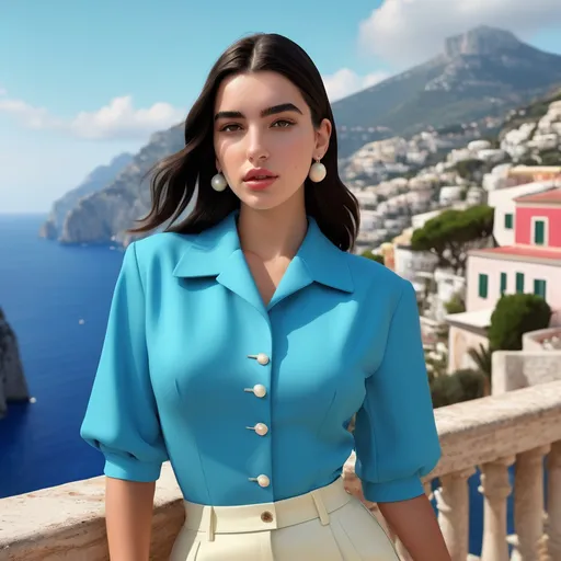 Prompt: Hyper realistic Dua Lipa as an accurate 50s Italian woman in Capri wearing a hyper realistic Prada outfit 64k 3d hd 