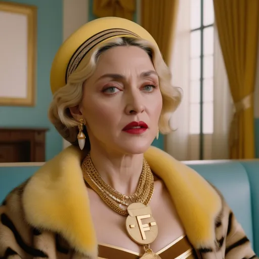 Prompt: Hyper realistic Madonna wearing a Fendi outfit in a Wes Anderson Movie ultra hd 64k quality 3d