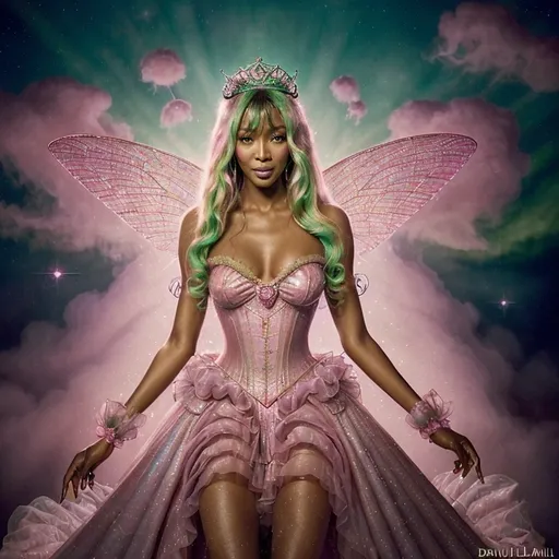 Prompt: (Naomi Campbell as Glinda by David Lachapelle), stunning character portrayal, magical atmosphere, elegant pink gown, sparkling crown, playful and radiant expression, surrounded by whimsical clouds, soft glowing lighting, dreamlike scene, high-quality 4K illustration, fairy-tale charm mixed with pop icons, enchanting background with hints of emerald green, vibrant and colorful palette.