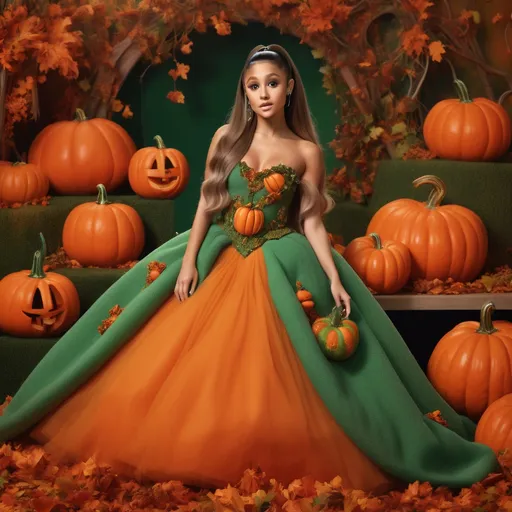 Prompt: Ariana Grande (elegantly dressed in a stunning Chanel gown inspired by pumpkins), vibrant orange and green color palette, rich textures, intricate details on the dress resembling pumpkin features, ethereal atmosphere, soft and warm lighting, whimsical background with subtle fall elements like leaves, high-quality 4K image, playful yet sophisticated vibe.