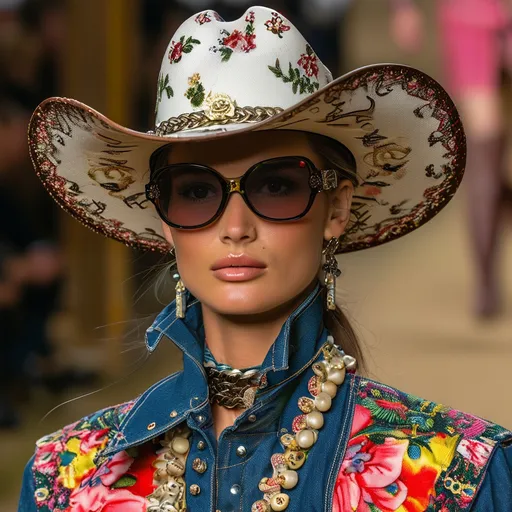 Prompt: Chanel cowgirl look, (fashionable) denim western outfit, (luxurious) leather accessories, wide-brimmed hat, (elegant) floral patterns, (vibrant) color contrast, (stylish) boots, luxurious textures, (high fashion) runway vibe, (chic) urban setting, dramatic lighting, (high-quality) ultra-detailed.