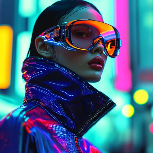 Prompt: (Prada cyber futuristic look), sleek and minimalistic design, vibrant colors with electric blue and neon accents, high-tech fabrics and materials, ultra-modern accessories, a bold cityscape background bustling with digital elements, cool tones and dynamic lighting, creating an innovative atmosphere, ultra-detailed, HD quality.