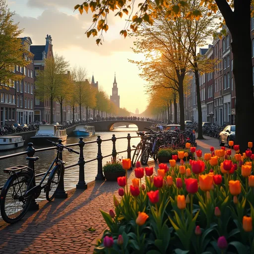 Prompt: Amsterdam, (canals and historic architecture), charming cobblestone streets, vibrant bicycles parked along the water, picturesque bridges, and tulip gardens in bloom, (warm sunset lighting), (cheerful mood), ultra-detailed, (high quality), including distant silhouettes of boats cruising through serene waters, and the essence of Dutch culture reflected in the scene.