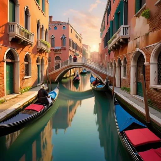 Prompt: (Venice scene), vibrant canals, gondolas floating serenely, sunlit reflections on water, historic architecture with intricate details, gondoliers in traditional attire, lush greenery along the waterways, (warm tones) of sunset, atmospheric mist adding depth, bustling markets nearby, engaging tourists enjoying the ambiance, charming bridges with ornate designs, (ultra-detailed) and (HD) quality.