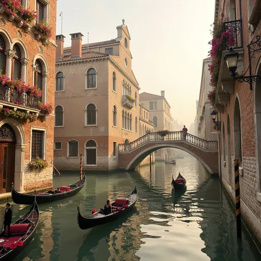 Prompt: (Venezia), enchanting canals, gondolas floating gracefully, romantic architecture, intricate bridges adorned with flowers, soft sunlight casting golden glimmers on water, muted pastel color palette, serene and dreamy atmosphere, reflections in the water, ultra-detailed, 4K resolution, capturing the essence of Venetian beauty and charm, evoking a sense of adventure and tranquility.