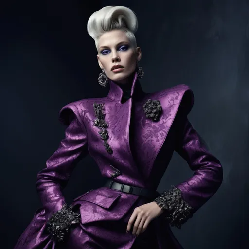 Prompt: (Ursula wearing Balenciaga), (fashion-forward), striking pose, (stylish outfit), blending elegance with edginess, dramatic colors, dusky backdrop, intricate details on clothing, luxurious fabrics, vibrant palette, highlighting textures, high contrast lighting, (portrait orientation), ultra-detailed, fantasy aesthetic.