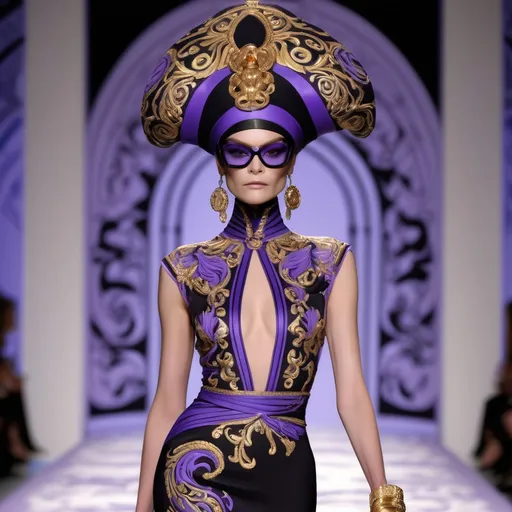 Prompt: (Yzma reimagined by Versace), (high fashion), (luxurious design), vivid patterns, bold colors, intricate fabrics, dramatic silhouettes, elegant accessories, lavish textures, playful elegance, set against a (glamorous runway backdrop), (surrounding opulence), (ultra-detailed), (high-end glamour).