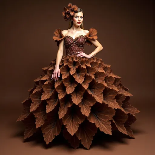 Prompt: (chocolate dress), intricate chocolate details, rich brown hues, flowing design, decadent and elegant appearance, whimsical touch, luxurious fabric texture, creative fashion statement, soft lighting, dreamy ambiance, high-quality presentation, ultra-detailed composition, artistic flair, celebrating creativity in fashion, visually stunning and imaginative design.