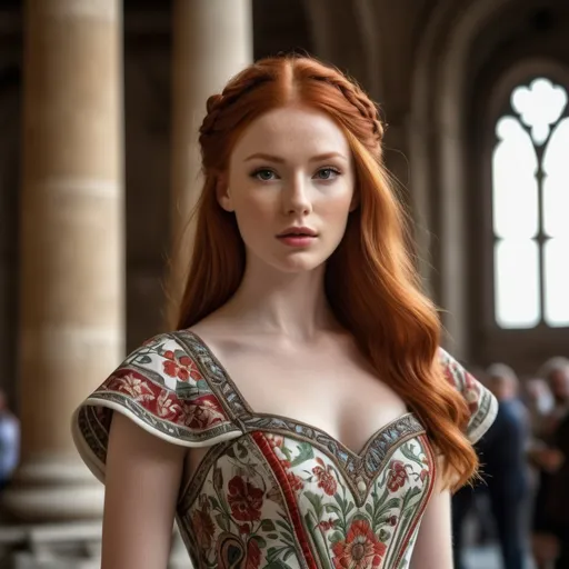 Prompt: A red haired model very detailed and hyper realistic wearing a dress with printed on the detail in picture from Chamber of Giants in Mantova hd quality hyper realistic 