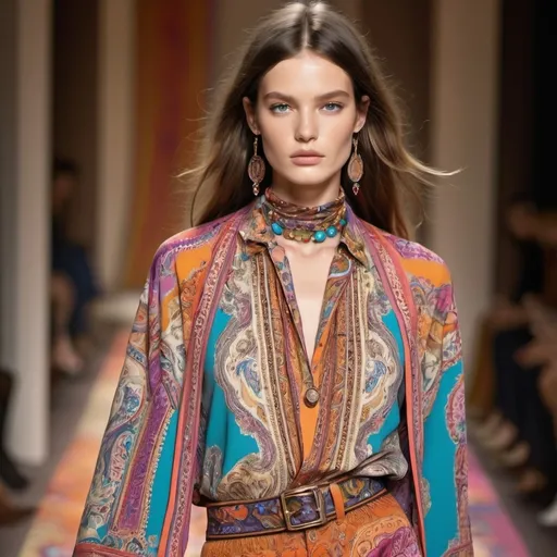 Prompt: (vibrant Etro concept), intricate patterns, lively colors, eclectic textiles, signature paisleys, bold prints, artful layering, playful mix of styles, bohemian vibe, luxurious textures, dynamic composition, soft lighting, richly detailed, high fashion atmosphere, trending on fashion platforms, ultra-detailed.