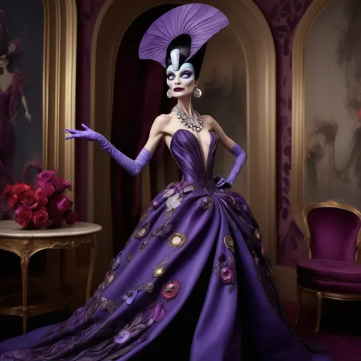 Prompt: (Yzma in Valentino outfit), dramatic pose, stylish couture attire, elegant and luxurious fabric textures, vibrant color palette with bold contrasts, whimsical yet sophisticated atmosphere, rich background details reflecting extravagance, high fashion setting, (ultra-detailed), enchanting expression, capturing her cunning charm and flair, reminiscent of classic haute couture photography.