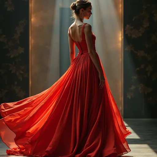 Prompt: (Gucci Sanremo dress), elegant high-fashion design, flowing fabric with intricate draping, lush textures, shimmering elegant fabrics, (vibrant colors), modern and luxurious ambiance, (ultra-detailed), soft diffused lighting to highlight details, stylish accessories, framed by a chic backdrop that enhances the garment's sophistication.