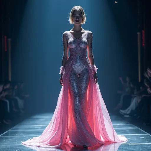 Prompt: (Mugler space dress), futuristic fashion design, (sleek) lines and (dramatic) silhouettes, shimmering materials, cosmic elements, a blend of elegance and modernity, (vibrant) colors with (metallic) accents, bold accessories, ultra-detailed, high fashion, innovative shape, ethereal atmosphere, (high-quality 4K), striking visual aesthetics, captivating starry background, stylish and avant-garde.