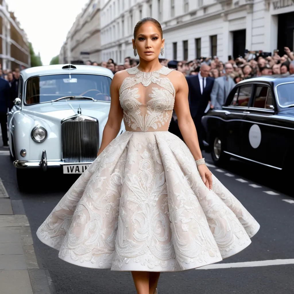 Prompt: Hyper Realistic and very detailed Jennifer Lopez wearing a hyper realistic and very detailed Valentino 50s look with a very detailed Valentino dress and very detailed Valentino shoes in the centre of a very accurate 50s London 64k Hd, very accurate 3D 