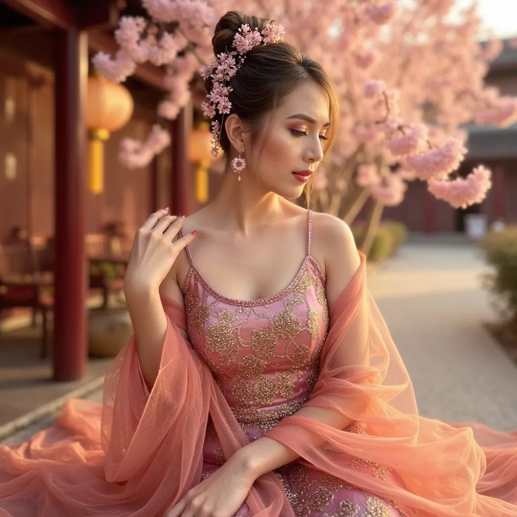 Prompt: (Chinese woman), elegant pose, delicate features, softly smiling expression, flowing traditional dress with intricate patterns, lush silk fabric, warm glowing light, serene atmosphere, cultural background elements such as cherry blossoms and ancient architecture, ultra-detailed, high quality, 4K resolution.