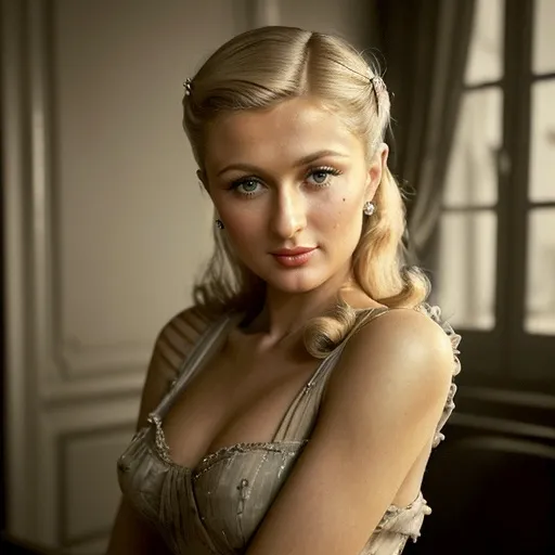 Prompt: Paris Hilton during WWII, (vintage glamour), a nostalgic and sophisticated portrait, (elegant attire reminiscent of 1940s fashion), soft warm lighting, dramatic shadows, (nostalgic backdrop of war-torn Paris), curious ambiance of courage and resilience, (highly detailed), capturing the spirit and charm of an iconic personality amidst historical chaos, (4K, ultra-detailed).