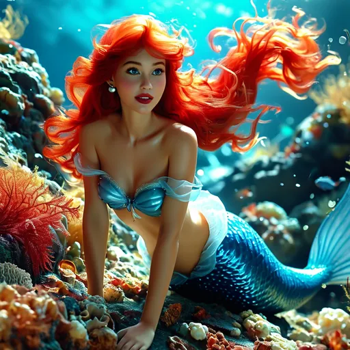 Prompt: Ariel the Little Mermaid in a stylish (Diesel outfit), vibrant underwater setting, (highly detailed) with flowing red hair, expressive face, and majestic tail shimmering in deep blue waters, surrounded by coral reefs and whimsical sea creatures, giving a playful and fashionable vibe, (4K) resolution, ultra-detailed and dynamic.