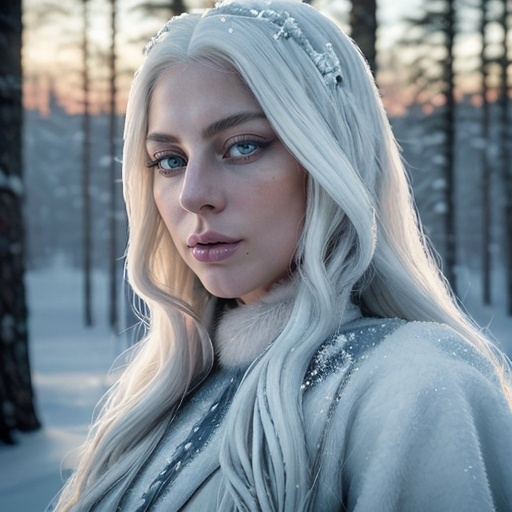 Prompt: Lady Gaga depicted as a (Nordic woman), featuring striking blue eyes and long, flowing blonde hair with elements of traditional Nordic attire. The setting showcases a winter landscape with majestic snow-capped mountains and frosty trees. A soft, ethereal light encapsulates the scene, producing a serene and magical ambiance. Emphasizing high quality, ultra-detailed, the image showcases a harmonious fusion of pop culture and Nordic folklore.