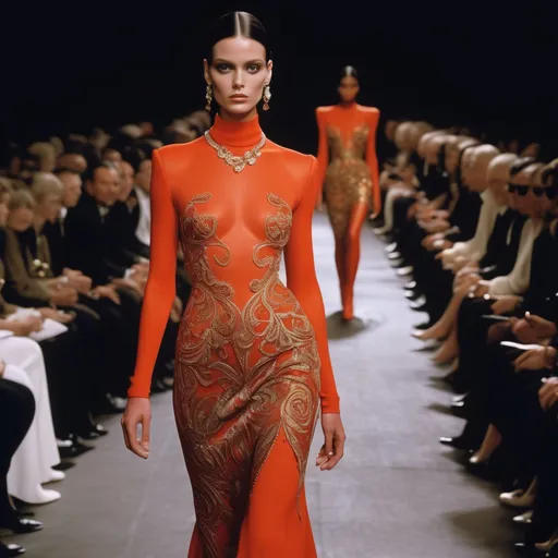 Prompt: (90s Givenchy haute couture), elegant fashion design, opulent fabrics, intricate detailing, vibrant color palette, dramatic silhouettes, high-fashion runway, retro chic vibe, luxurious atmosphere, warm lighting, 4K, ultra-detailed, showcasing the essence of the 1990s fashion peak, inspired by iconic runway shows, captivating elegance.