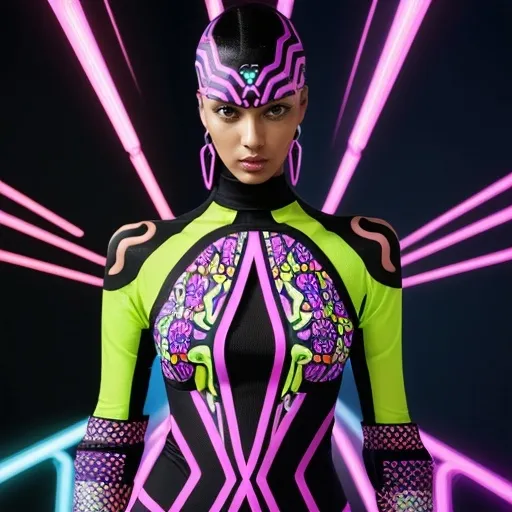 Prompt: (Pucci cyber outfit), vibrant colors, bold geometric patterns, futuristic style, dynamic shapes, high fashion, seamless design, (high-tech materials), expressive silhouette, (modern accessories), illuminated backdrop, neon accents, vibrant contrast, energetic ambiance, (4K quality), ultra-detailed textures, evoking a sense of avant-garde artistry.