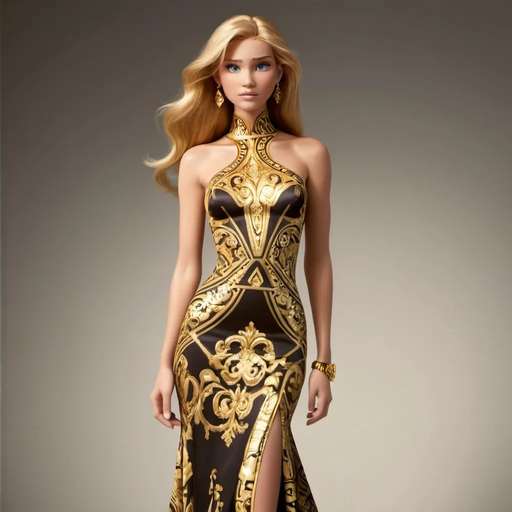 Prompt: A stunning vision of a Versace dress, illuminated by glamorous, high-contrast lighting that emphasizes its opulent gold accents and intricate patterns. The dress flows elegantly, with bold, daring cuts and a form-fitting silhouette that exudes confidence and luxury. Set against a sleek, minimalist backdrop with subtle marble textures, soft spotlighting creates a sense of drama and allure, highlighting the shimmering fabric and ornate detailing. The overall mood is decadent and sophisticated, evoking high fashion runway elegance in a cinematic, photorealistic style.