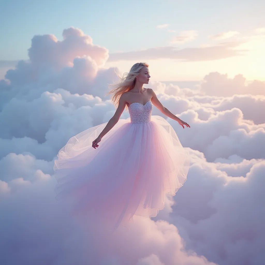 Prompt: (Claudia Schiffer), wearing a (soft cloud dress), ethereal atmosphere, floating gracefully among (fluffy clouds), dreamy background, gentle light illuminating the scene, soft pastel colors, serene and tranquil mood, high-resolution, ultra-detailed, celestial ambiance, sky blending shades of blue, pink, and lavender, capturing a whimsical and enchanting moment.