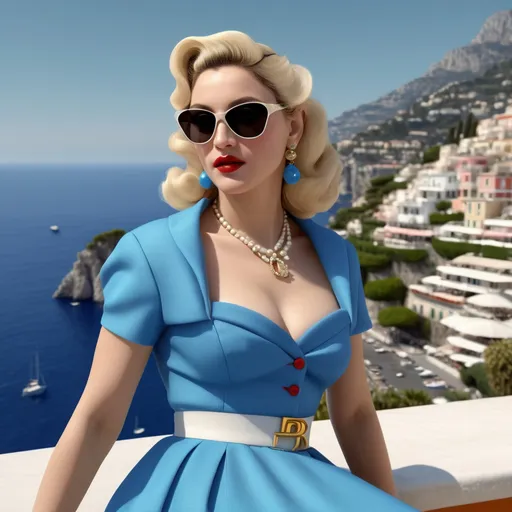 Prompt: Hyper realistic Young Madonna as an accurate 50s Italian woman in Capri wearing a hyper realistic Prada outfit 64k 3d hd 