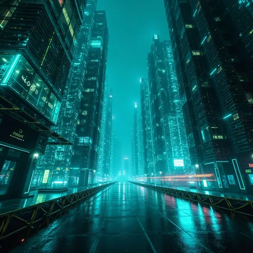 Prompt: (futuristic scene inspired by Tron Legacy), glowing neon cityscape, vibrant electric blues and greens, deep contrasting blacks, intricate circuit-like patterns in the architecture, mesmerizing light trails moving through the buildings, a sense of high-tech allure and mystery, cinematic atmosphere, ultra-detailed, 4K quality, breathtaking sci-fi aesthetic, low angle perspective showcasing the grandeur of the digital world.