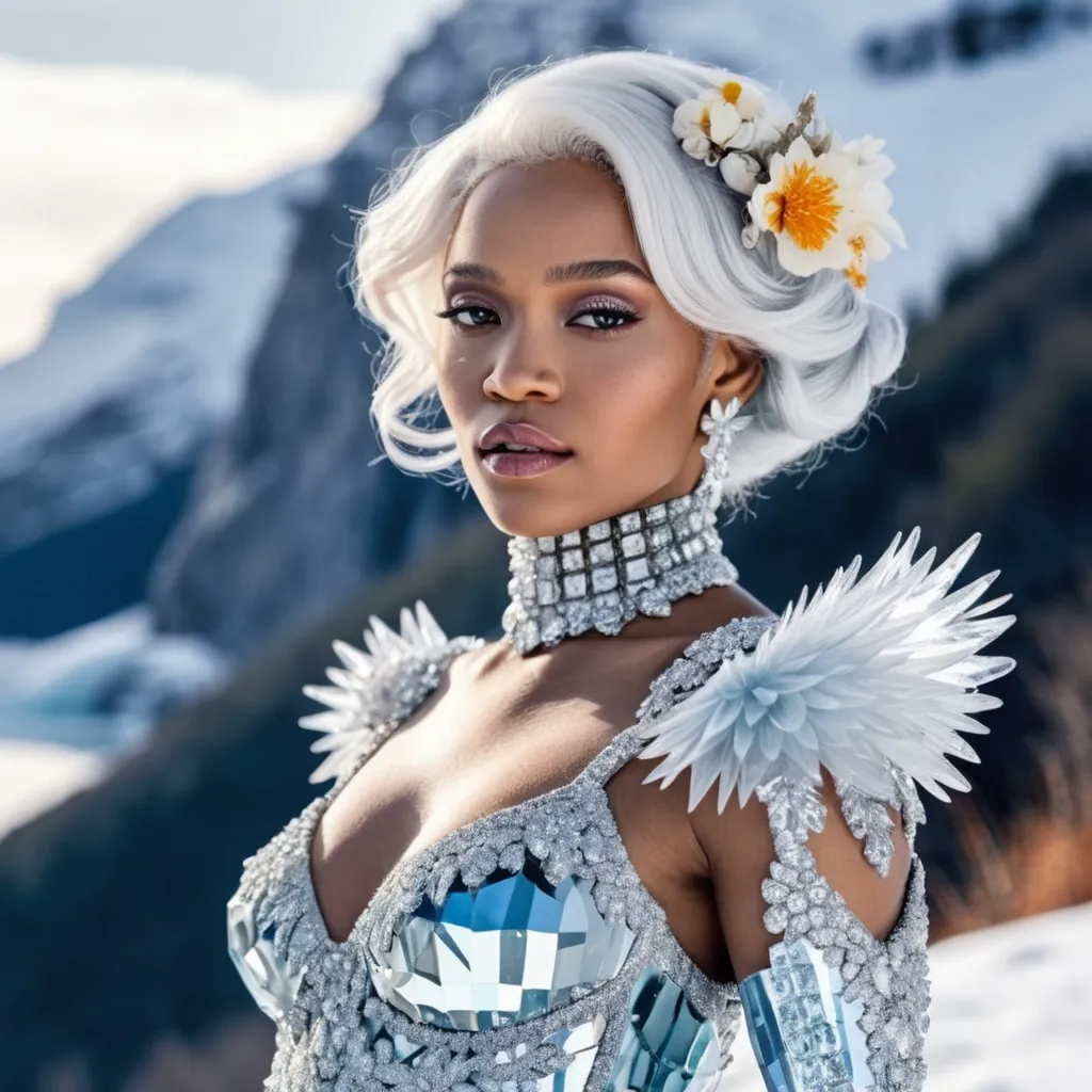 Prompt: Rihanna ice woman with platinum hair, crystal shoulders, icy and flower dress in the winter landscape