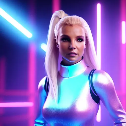 Prompt: Dressed like a hyper realistic Britney Spears Robotic Pleiadian Nordic blonde from the Galactic Federation of Light,  high resolution, 3D render, style of cyberpunk 